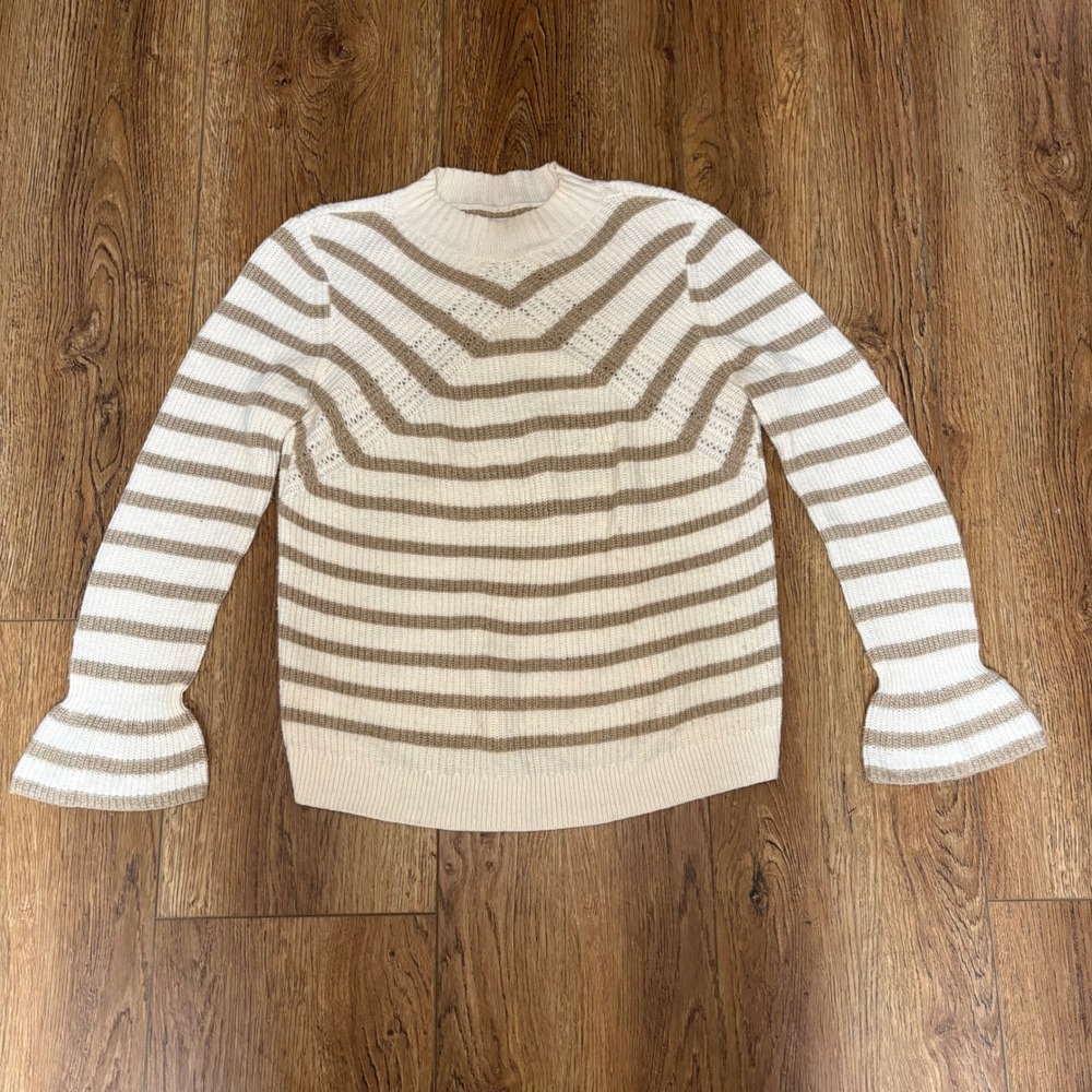 LOFT Mock Neck Striped Sweater Size Medium Flare Long Sleeve White Brown‎ Wool
